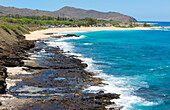 Honolulu, Hawaii, Oahu. Halona Bay with rocks and blue water ocean