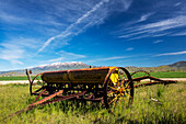 USA, Idaho, Fairfield, Horse Drawn Hay Rake in Field
