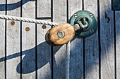 USA, Massachusetts, Cape Ann, Gloucester, America's Oldest Seaport, Gloucester Schooner Festival, schooner sail pulley
