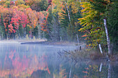Herbstfarben und Nebel, der sich bei Sonnenaufgang auf dem Council Lake spiegelt, Hiawatha National Forest, Upper Peninsula of Michigan.