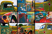 A poster featuring close up shots of several abandoned trucks in a public works yard in the town of Chloride, New Mexico
