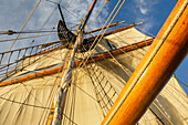 Mast rigging and sails of Hawaiian Chieftain, a Square Topsail Ketch. Owned and operated by the Grays Harbor Historical Seaport, Aberdeen, Washington State