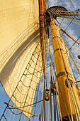 Masttakelung und Segel der Hawaiian Chieftain, einer Square Topsail Ketch. Eigentümer und Betreiber ist der Grays Harbor Historical Seaport, Aberdeen, Washington State