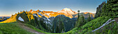 USA, Washington State. Panorama of Mt. Rainier and Cowlitz Chimneys from shoulder of Tamanos Mt. at Mt. Rainier National Park.