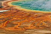 Elevated view of Grand Prismatic Spring and patterns in bacterial mat, Midway Geyser Basin, Yellowstone National Park, Wyoming.