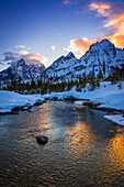 Evening light over the Tetons from Cottonwood Creek in winter, Grand Teton National Park, Wyoming, USA