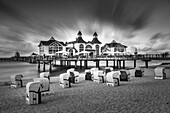 Pier and beach chairs on the beach of Sellin, Ruegen Island, Baltic Sea, Mecklenburg-Western Pomerania, Germany, Europe