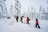 Glückliche Familie beim Spaziergang im verschneiten Wald, Iso Syote, Nördliches Ostbottnien, Lappland, Finnland, Europa