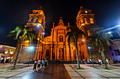 Cathedral Basilica of St. Lawrence at nighttime, Santa Cruz de la Sierra, Bolivia, South America