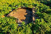 Aerial of a shabono (yanos), the traditional communal dwellings of the Yanomami tribes of Southern Venezuela, Venezuela, South America