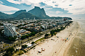 Aerial view of Pepe Beach and Pedra da Gavea in Barra da Tijuca district, a western neighborhood in Rio de Janeiro, Brazil, South America