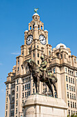 Statue of Edward V11 and the Port of Liverpool Building, Waterfront, Pier Head, Liverpool, Merseyside, England, United Kingdom, Europe