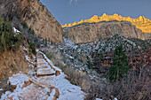 The cliffs of Bright Angel Canyon along the Bright Angel Trail in winter at sunrise on the South Rim of Grand Canyon, Grand Canyon National Park, UNESCO World Heritage Site, Arizona, United States of America, North America