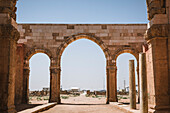 Qasr al-Mushatta desert castle facade with arches, Jordan, Middle East