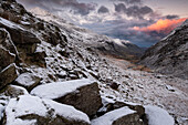 Crib Goch and the Llanberis Pass at dawn in winter, Eryri, Snowdonia National Park, North Wales, United Kingdom, Europe