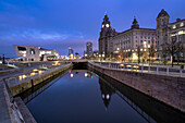 The Pier Head at dawn, Liverpool Waterfront, Liverpool, Merseyside, England, United Kingdom, Europe