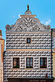 Painted facade of Telcsky dum (Telc House) at Zacharias of Hradec Square, UNESCO World Heritage Site, Telc, Vysocina Region, Czech Republic (Czechia), Europe