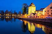 Gothic tower Iron Maiden by Malse River at twilight, Ceske Budejovice, Czech Republic (Czechia), Europe