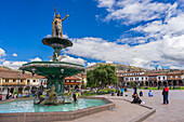 Fountain with Inca King Pachacutec, Plaza de Armas Square, Cusco, Peru, South America