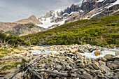 Fluss am Berg Paine Grande im French Valley, Nationalpark Torres del Paine, Patagonien, Chile, Südamerika