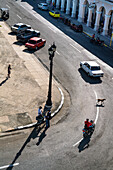 Aerial view of main square with dog crossing the street oblivious to all, Cienfuegos, Cuba, West Indies, Caribbean, Central America