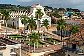 Aerial view of Cathedral and main square, with horsedrawn carriage, UNESCO World Heritage Site, Trinidad, Cuba, West Indies, Caribbean, Central America