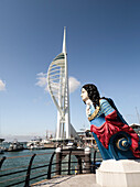 Figurehead of HMS Marlborough and Spinnaker Tower, Gunwharf Quays, Portsmouth, Hampshire, England, United Kingdom, Europe