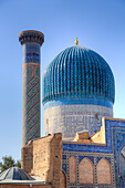 Kuppel und Minarett, Gur-E-Amir-Komplex (Mausoleum), erbaut 1403, Begräbnisstätte von Amir Temir, UNESCO-Welterbestätte, Samarkand, Usbekistan, Zentralasien, Asien