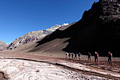 Climbers approaching Aconcagua, 6961 metres, the highest mountain in the Americas and one of the Seven Summits, Andes, Argentina, South America