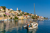 View of The Annunciation Church overlooking Symi Town, Symi Island, Dodecanese, Greek Islands, Greece, Europe