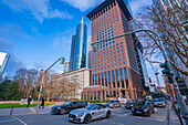 View of financial district skyline and traffic, Taunusanlage, Frankfurt am Main, Hesse, Germany, Europe