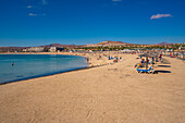 Blick auf den Strand Playa del Castillo in Castillo Caleta de Fuste, Fuerteventura, Kanarische Inseln, Spanien, Atlantik, Europa
