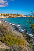 Blick auf die Küstenlinie bei Castillo Caleta de Fuste, Fuerteventura, Kanarische Inseln, Spanien, Atlantik, Europa