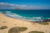 Elevated view of beach and the Atlantic Ocean, Corralejo Natural Park, Fuerteventura, Canary Islands, Spain, Atlantic, Europe