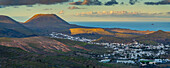View of landscape, Volcano La Corona and Maguez at sunset, Maguez, Lanzarote, Las Palmas, Canary Islands, Spain, Atlantic, Europe
