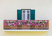 Detail eines Hauses im Sommer, Dorf Pellizzano, Sole-Tal (val di Sole), Provinz Trient, Trentino-Südtirol, Italien, Europa