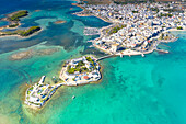 aerial view taken by drone of Porto Cesareo in summer time, municipality of Porto Cesareo, Lecce province, Apulia district, Italy, Europe
