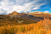 the Apennine peaks captured with a long exposure during a beautiful autumn day, in which the leaves color the landscape, Tuscan-Emilian apennine national park, municipality of Ventasso, Reggio Emilia province, Emilia Romagna district, Italy, Europe