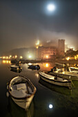 the Caligo envelops the Ligurian coast, in the village of Portovenere, during a spring night, municipality of Portovenere, UNESCO World Heritage Site, La Spezia province, Liguria district, Italy, Europe