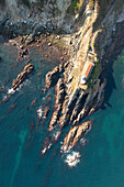 aerial vertical view, taken by drone, of the Cudillero Lighthouse, municipality of Cudillero, Asturie, Spain, Europe