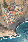 aerial vertical view taken by drone of a little fisherman village called Puerto de la Pena, during a summer day, Fuerteventura, Canary Island, Spain Europe
