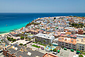 aerial view taken by drone of the coastal town of Morro Jable during a summer sunny day, Fuerteventura, Canary Island, Spain, Europe