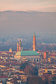 Basilica Palladiana and old town of Vicenza seen from Monte Berico at sunset, Vicenza, Veneto, Italy