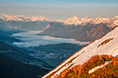 The Fog-covered Inn Valley at dawn, Kuhmesser mountain, Schwaz province, Innsbruck Land, Tyrol, Austria, Europe