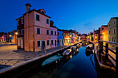 Fondamenta Cavanella with its typical canal before sunrise, Burano, Venice, Veneto, Italy, Europe