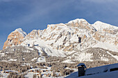 Italy, Veneto, province of Belluno,Boite Valley,view of Tofane group and Cortina d'Ampezzo after snowfall