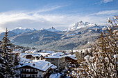 Italy, Veneto, province of Belluno,Boite Valley,view of Rocchette group,Becco di Mezzodì,Croda da Lago and Cortina d'Ampezzo after snowfall