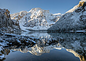 Italy, South Tyrol, Bolzano province, reflection of Croda del Becco in the Braies lake