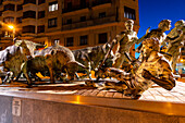 The Encierro, the Statue of Bulls in the historic centre of Pamplona. Pamplona, Navarre region, Spain, Europe.