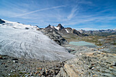 The Rutor Glacier and the glacier alpin lake in a mountain landscape. Deffeyes refuge, La Thuile, Aosta Valley, Italy, Alps, Europe.